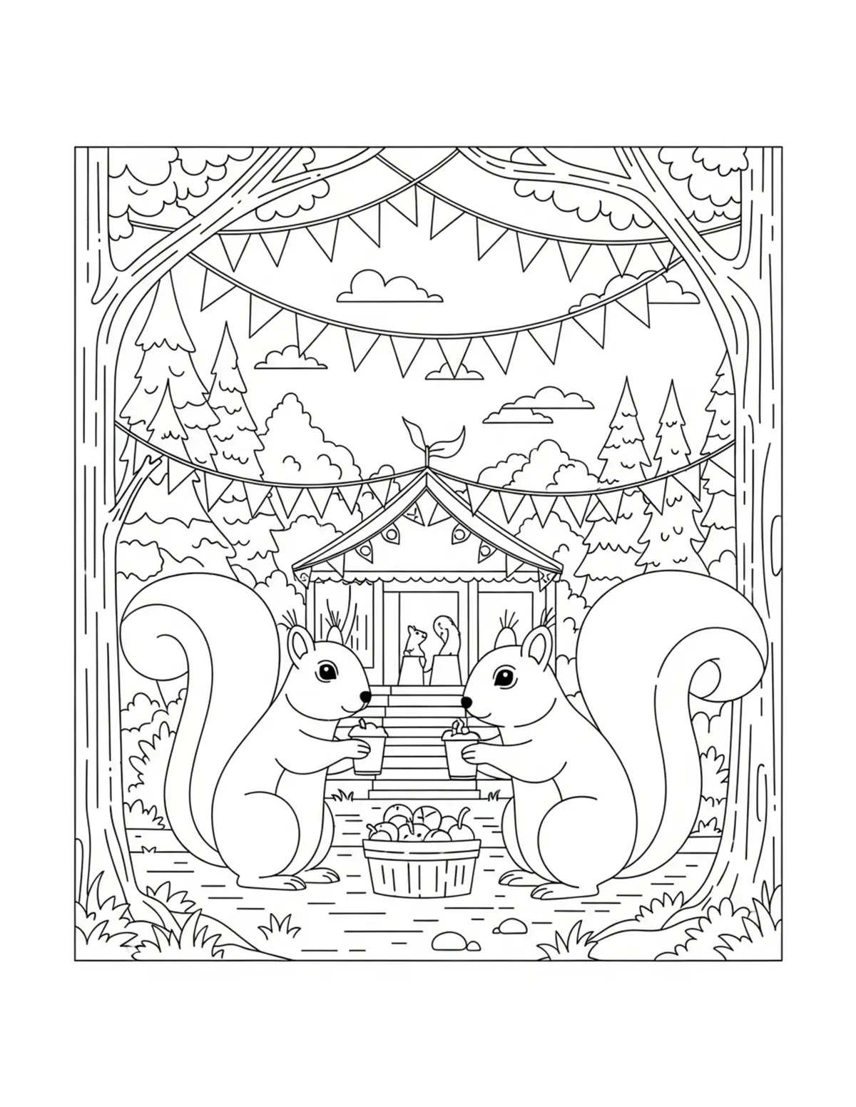 Grand Squirrel Woodland Festival coloring page - free printable JPG featuring adorable squirrels in a woodland scene