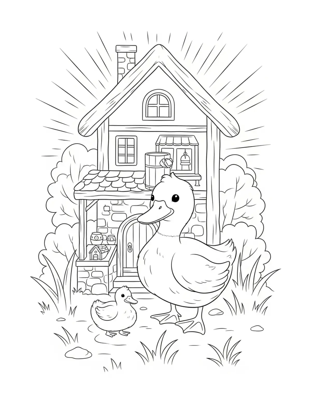 Magical Cozy Duck Village Over Coloring Page - free printable JPG featuring adorable duck scenes