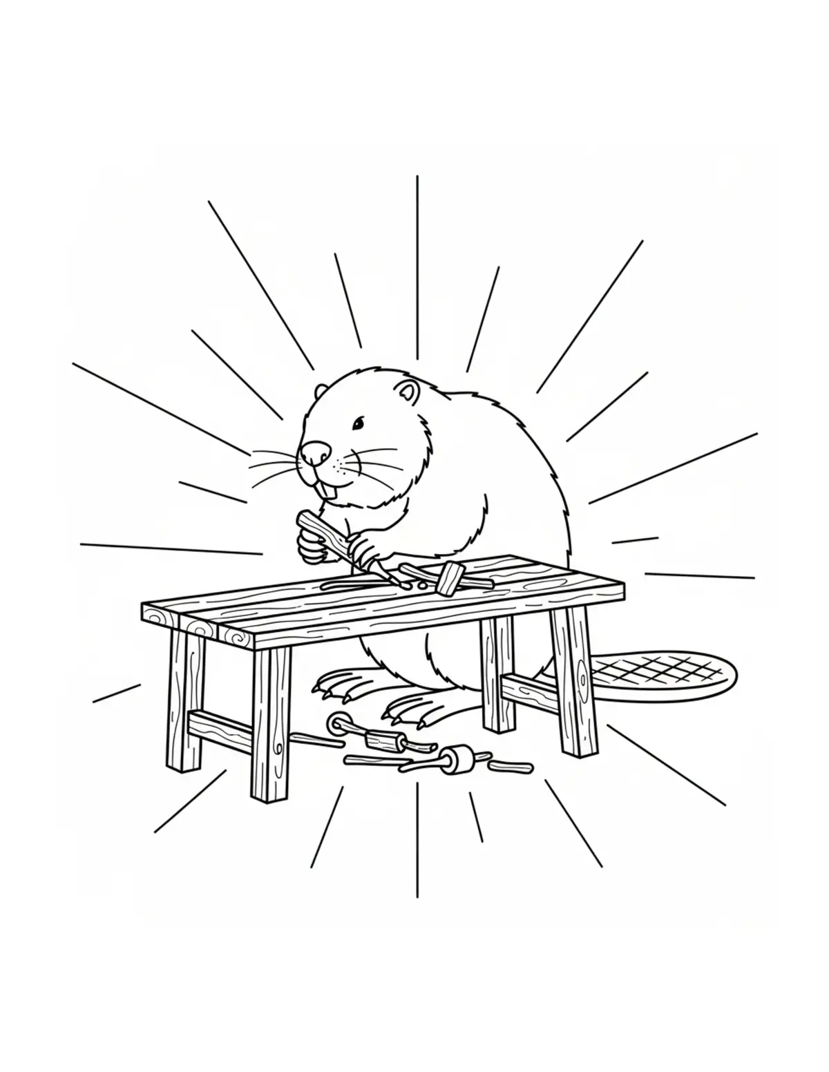 Beaver Crafting a Wooden Bench Coloring Page - free printable JPG featuring adorable woodland beaver