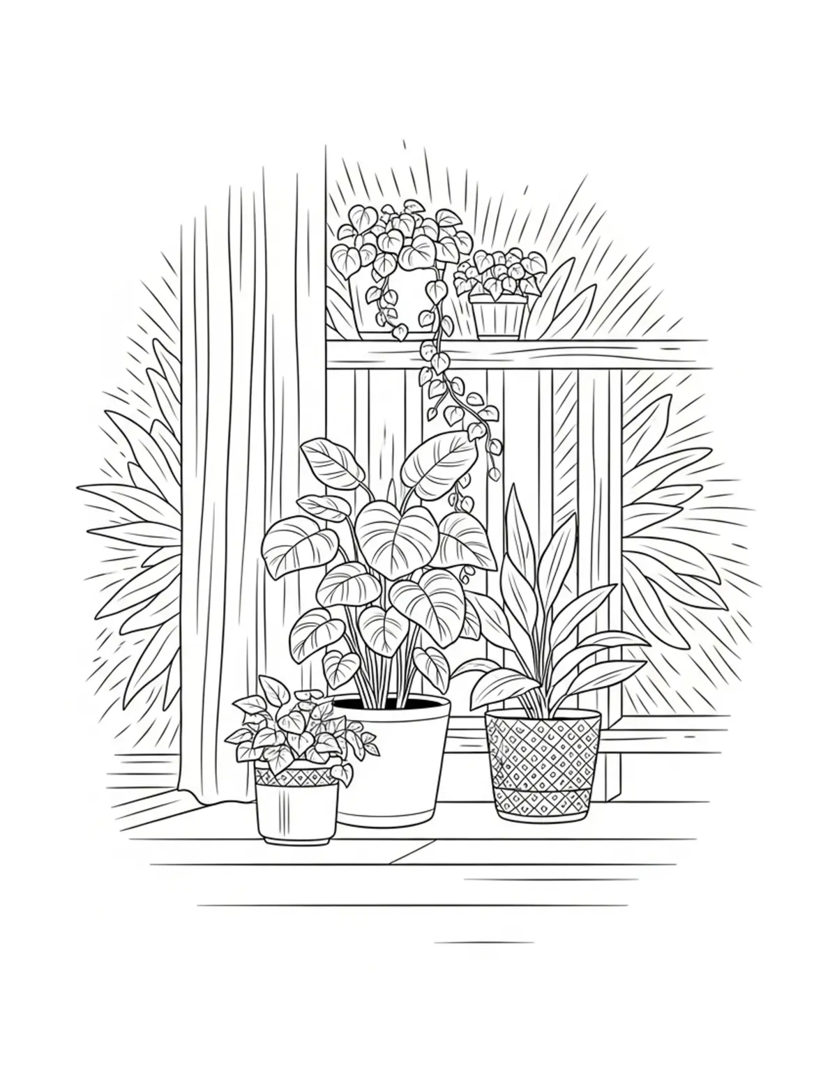 Free printable coloring page: cozy summer porch plants coloring page. Cute and cozy summer design for kids and adults to download and print.
