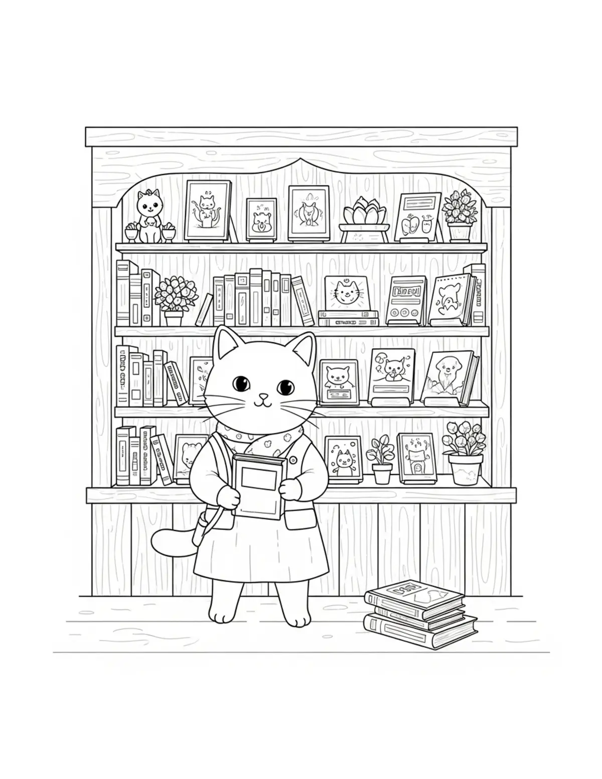 Cute Cat Bookshop — free printable cozy coloring coloring page for kids and adults