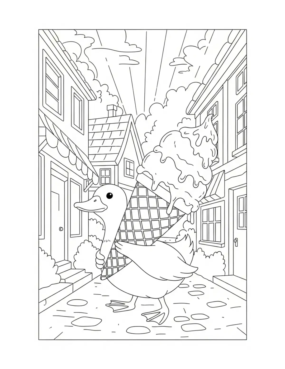 Cute Duck Carrying A Giant Ice Coloring Page - free printable JPG featuring adorable tiny animal village scene