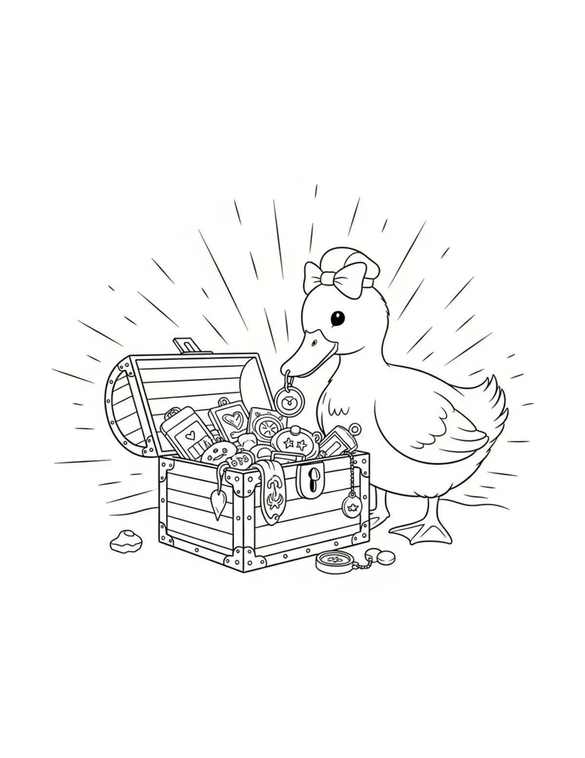 Cute Duck Examining An Old Tre Coloring Page - free printable JPG featuring adorable tiny animal village scene