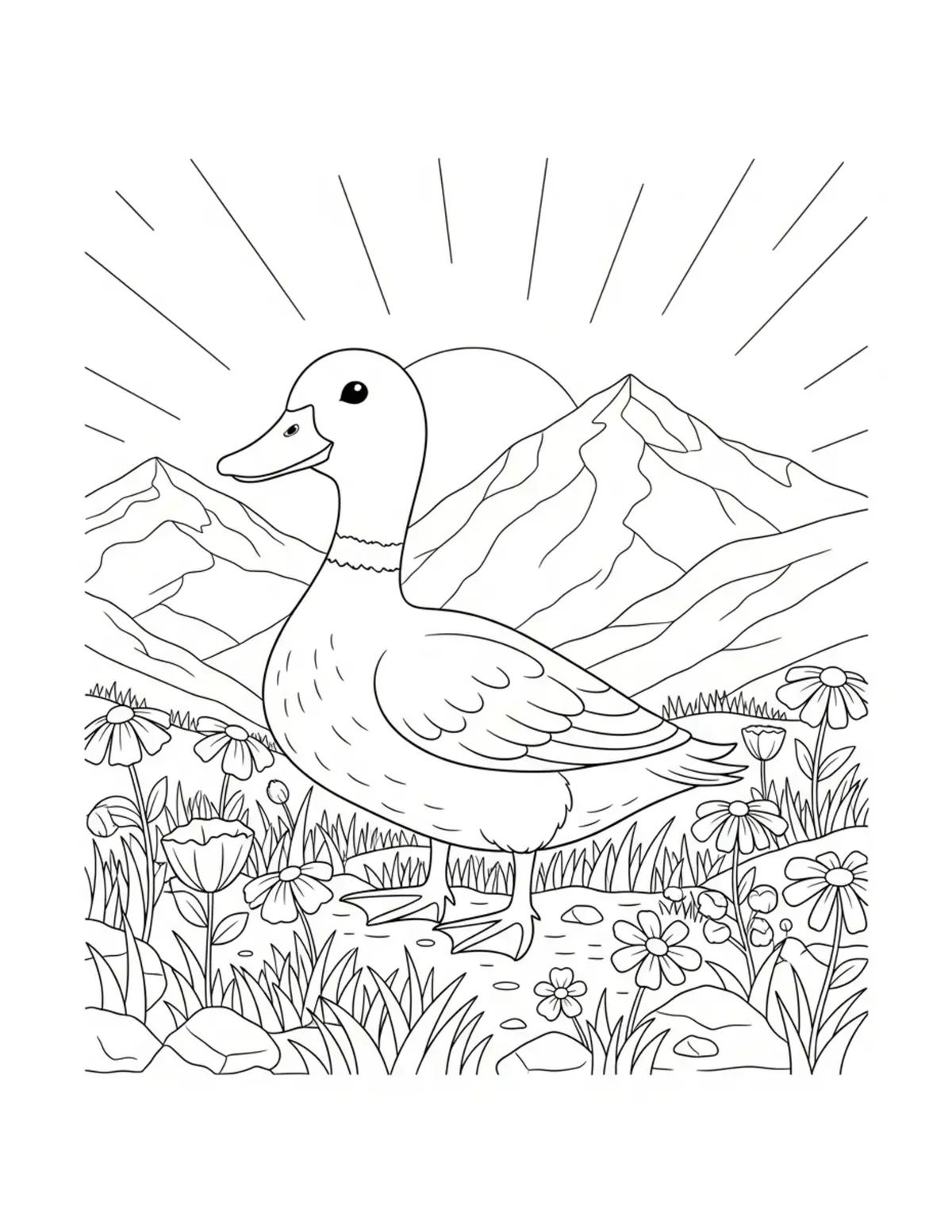 Cute Duck Exploring A Flower F Coloring Page - free printable JPG featuring adorable tiny animal village scene