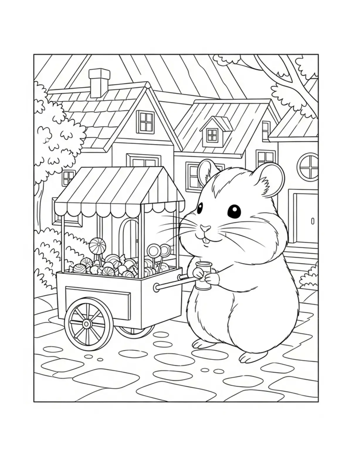 Cute Hamster Candy Cart Colori — free printable cozy coloring coloring page for kids and adults