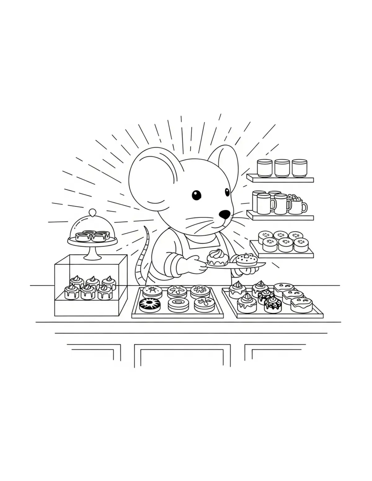 Mouse Selling Pastries At A Ba Coloring Page - free printable JPG featuring adorable mouse bakery scenes