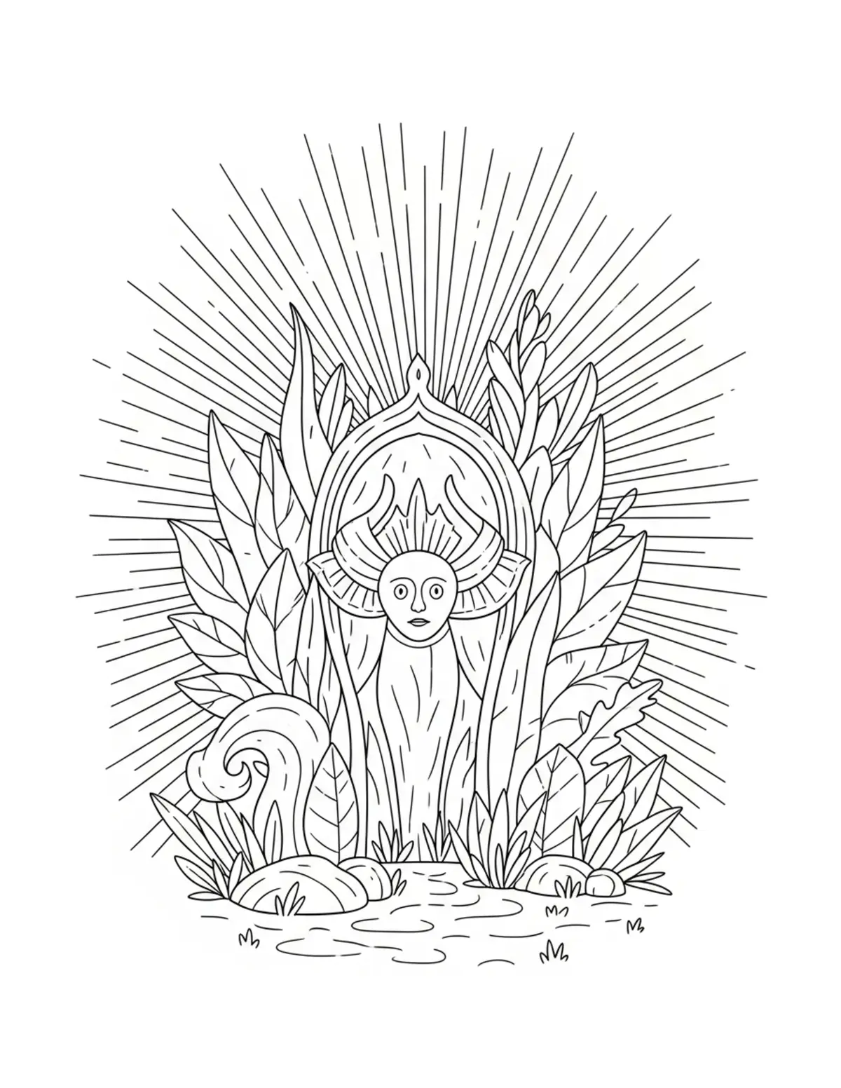 Free printable coloring page: secret-woodland-sculpture-gard coloring page. Cute and cozy design for kids and adults to download and print.