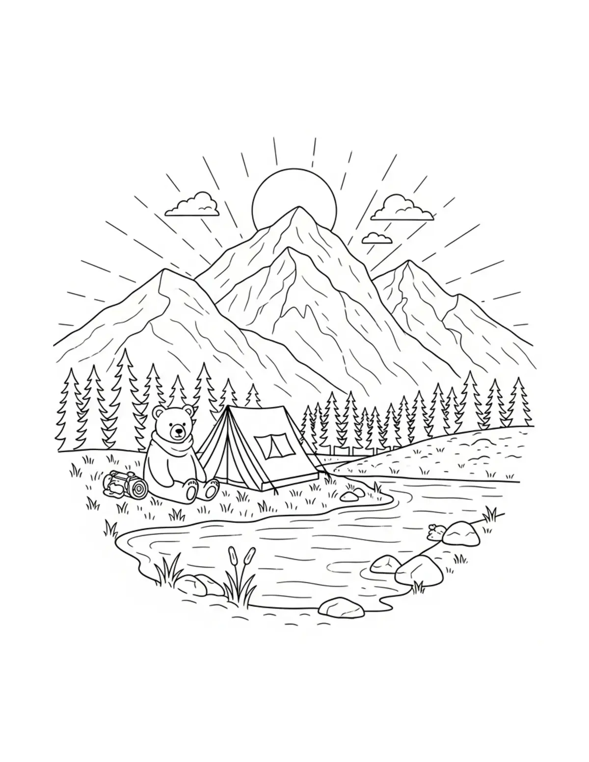 Free printable coloring page: tiny-bear-camping-beside-a-mou coloring page. Cute and cozy design for kids and adults to download and print.