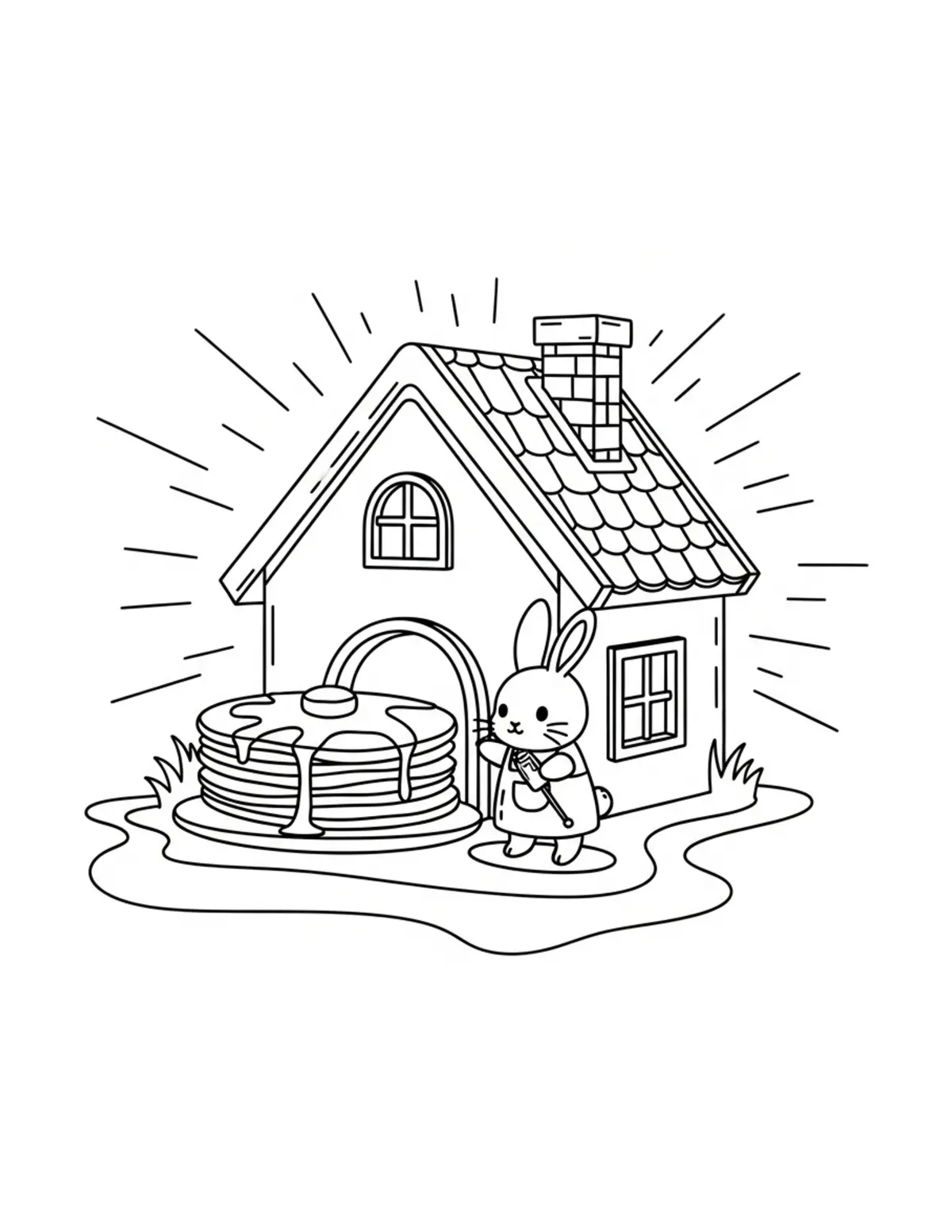 Free printable coloring page: tiny-bunny-running-a-cozy-panc coloring page. Cute and cozy design for kids and adults to download and print.
