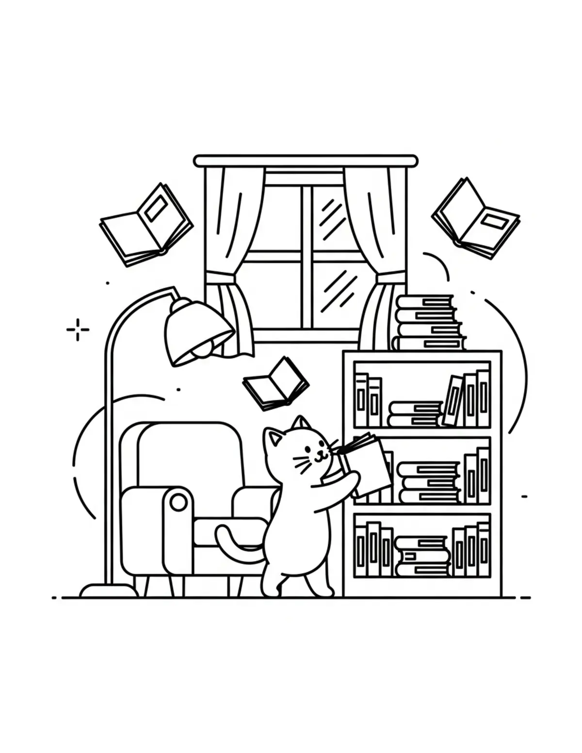 Free printable coloring page: tiny-cat-organizing-a-cozy-rea coloring page. Cute and cozy design for kids and adults to download and print.