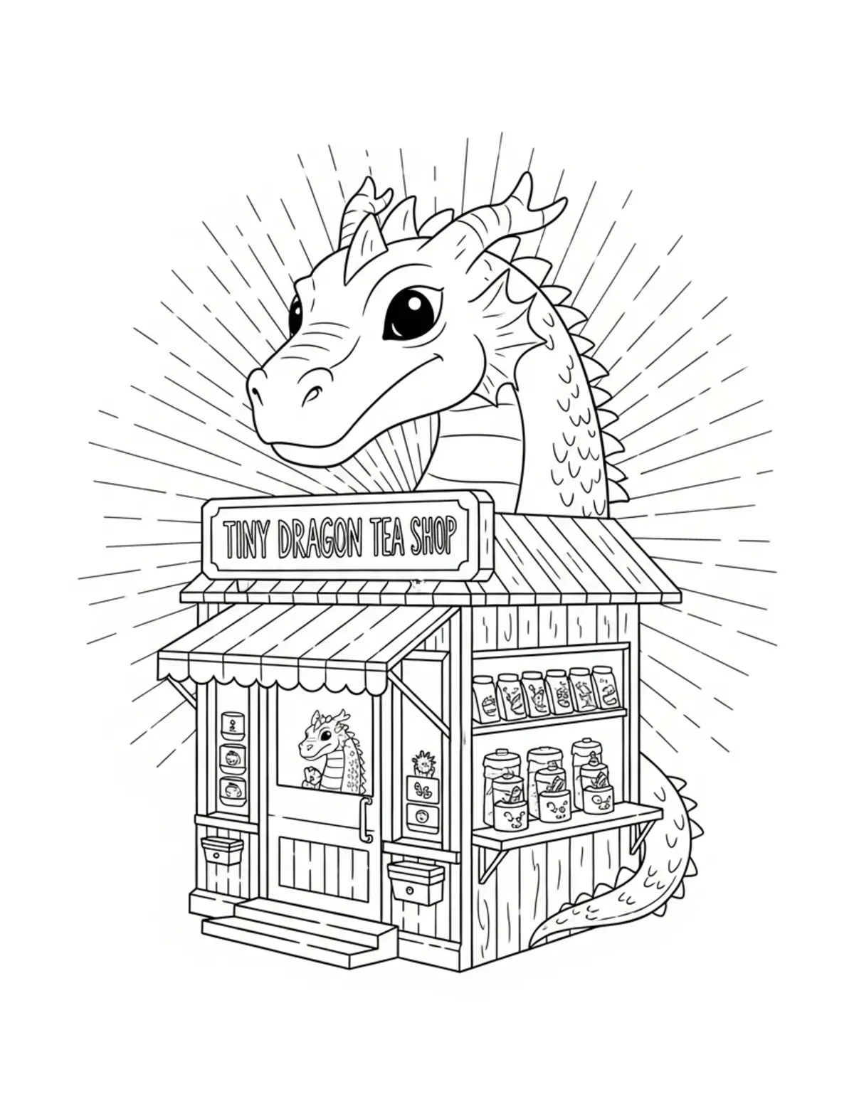 Free printable coloring page: tiny dragon tea shop coloring page. Cute and cozy design for kids and adults to download and print.