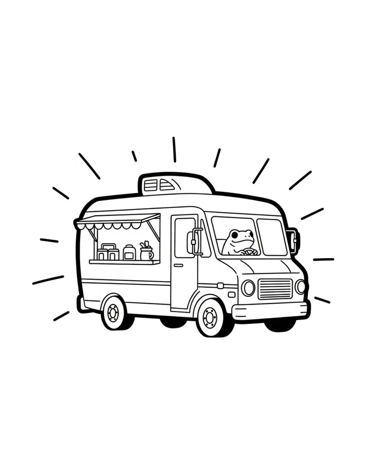 Free printable coloring page: tiny-frog-driving-a-cozy-food coloring page. Cute and cozy design for kids and adults to download and print.