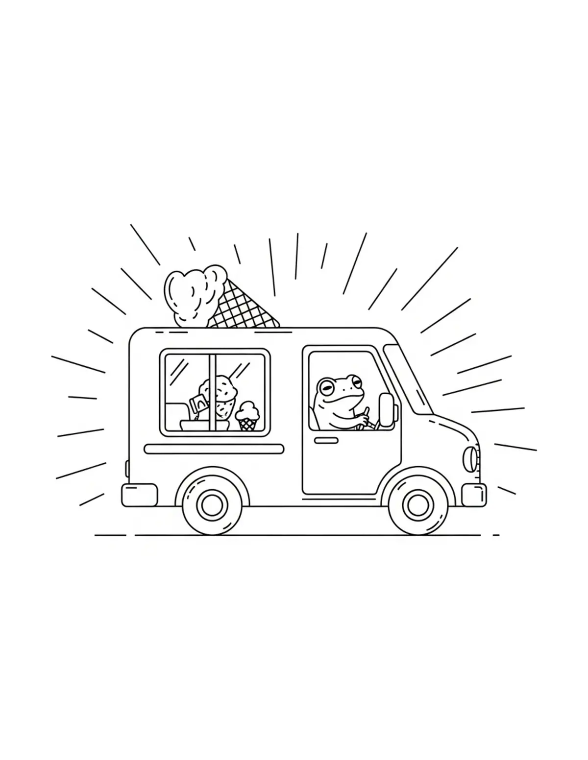 Free printable coloring page: tiny-frog-driving-an-ice-cream coloring page. Cute and cozy design for kids and adults to download and print.