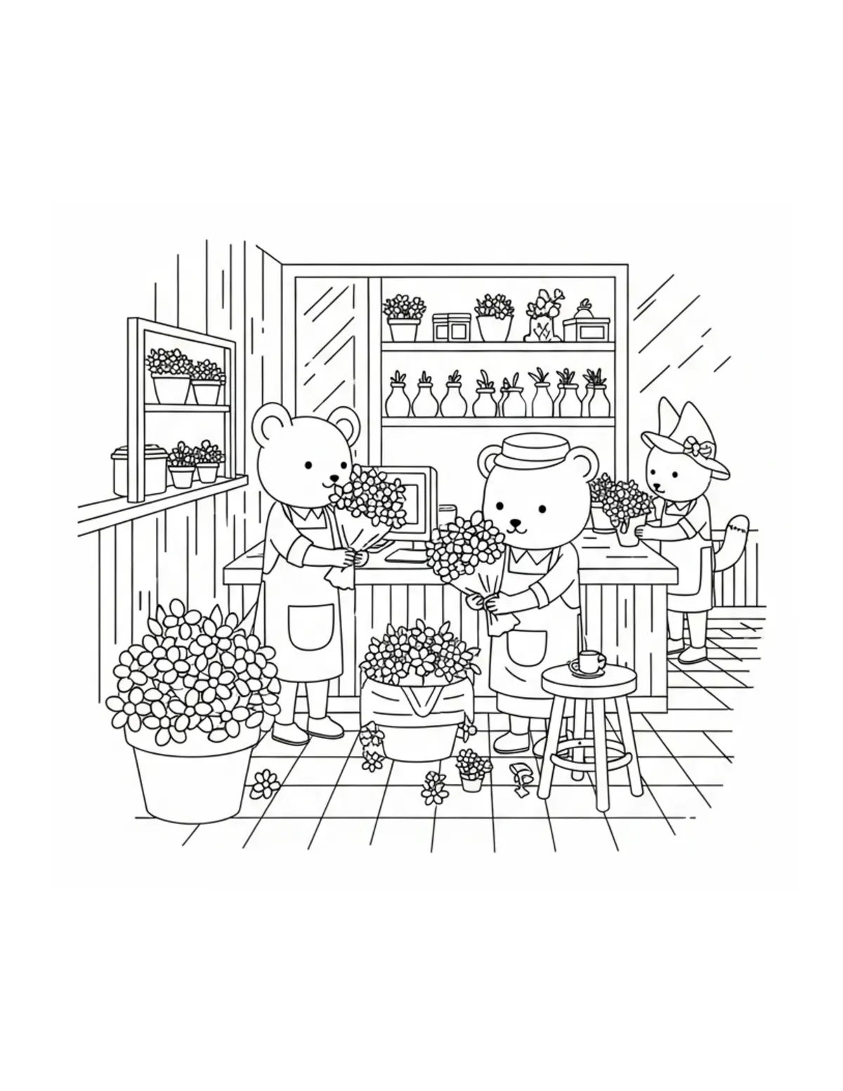 Tiny Animal Florists Preparing Coloring Page - free printable JPG featuring adorable tiny animal village scene