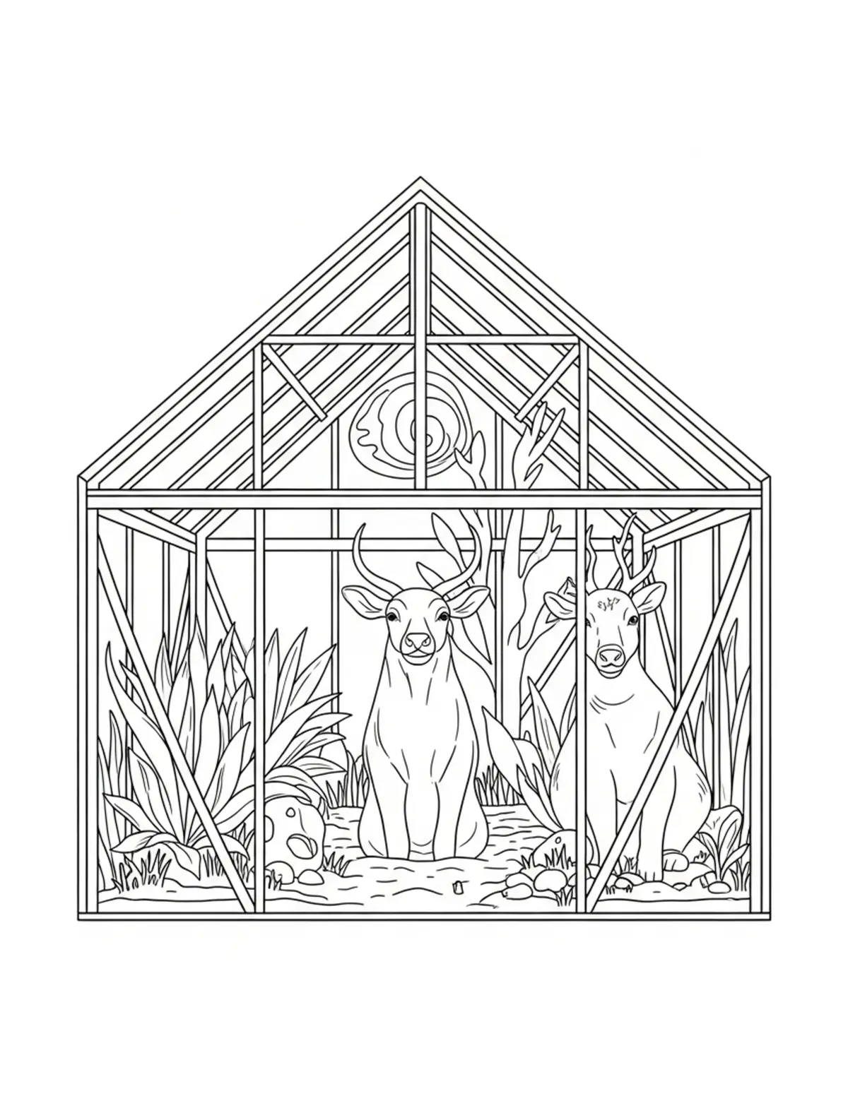 Free printable coloring page: animal-greenhouse coloring page. Cute and cozy design for kids and adults to download and print.
