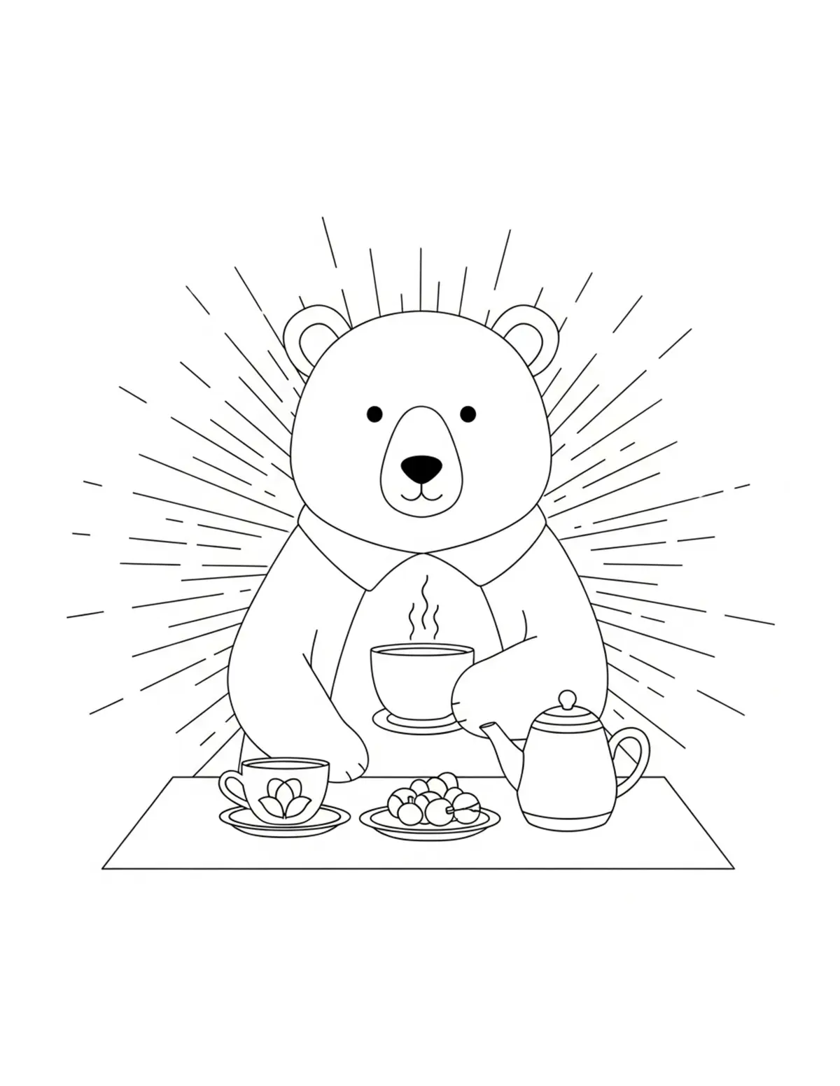 Free printable coloring page: bear-tea-party coloring page. Cute and cozy design for kids and adults to download and print.