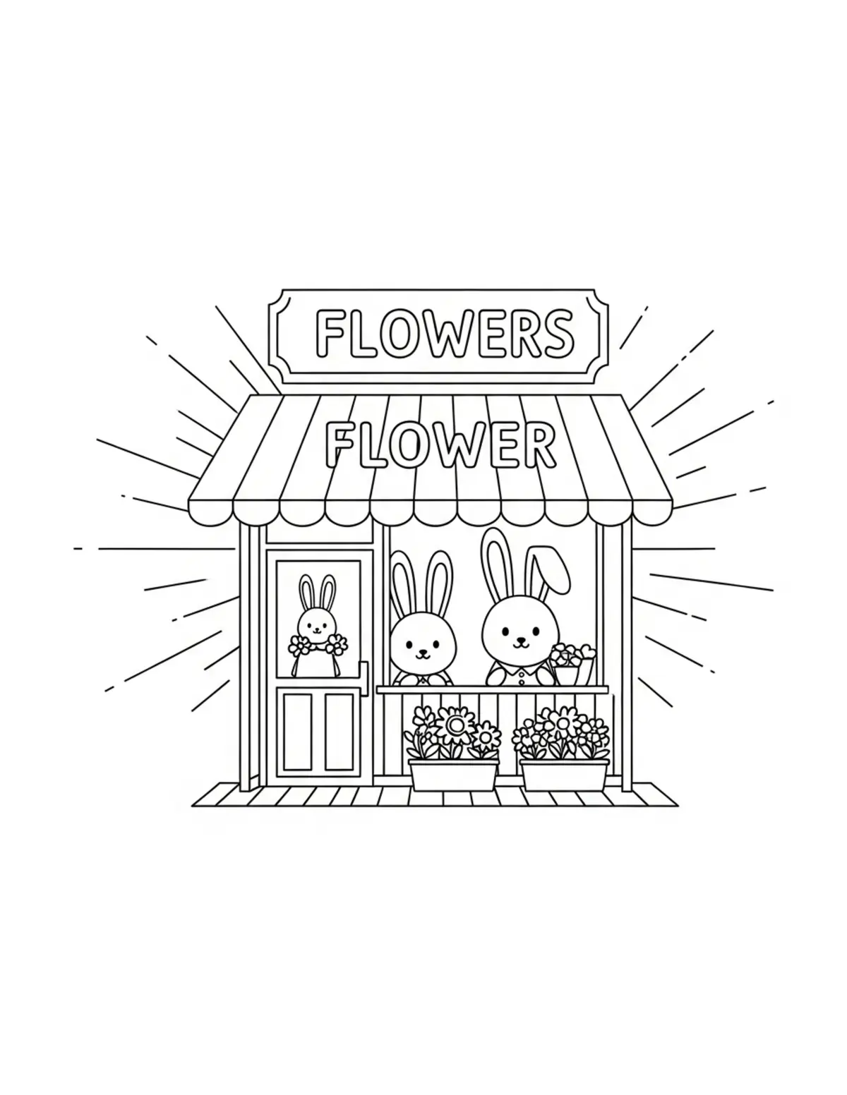 Free printable coloring page: bunny flower shop coloring page. Cute and cozy design for kids and adults to download and print.