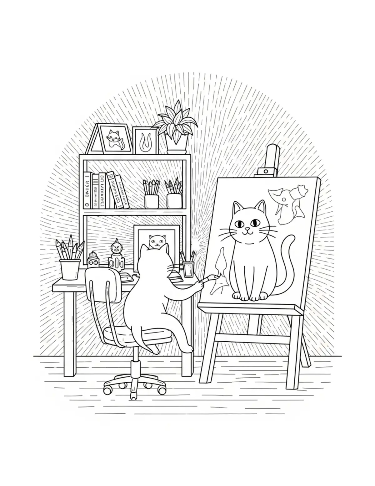 Cat Artist Studio — free printable cute animals coloring page for kids and adults