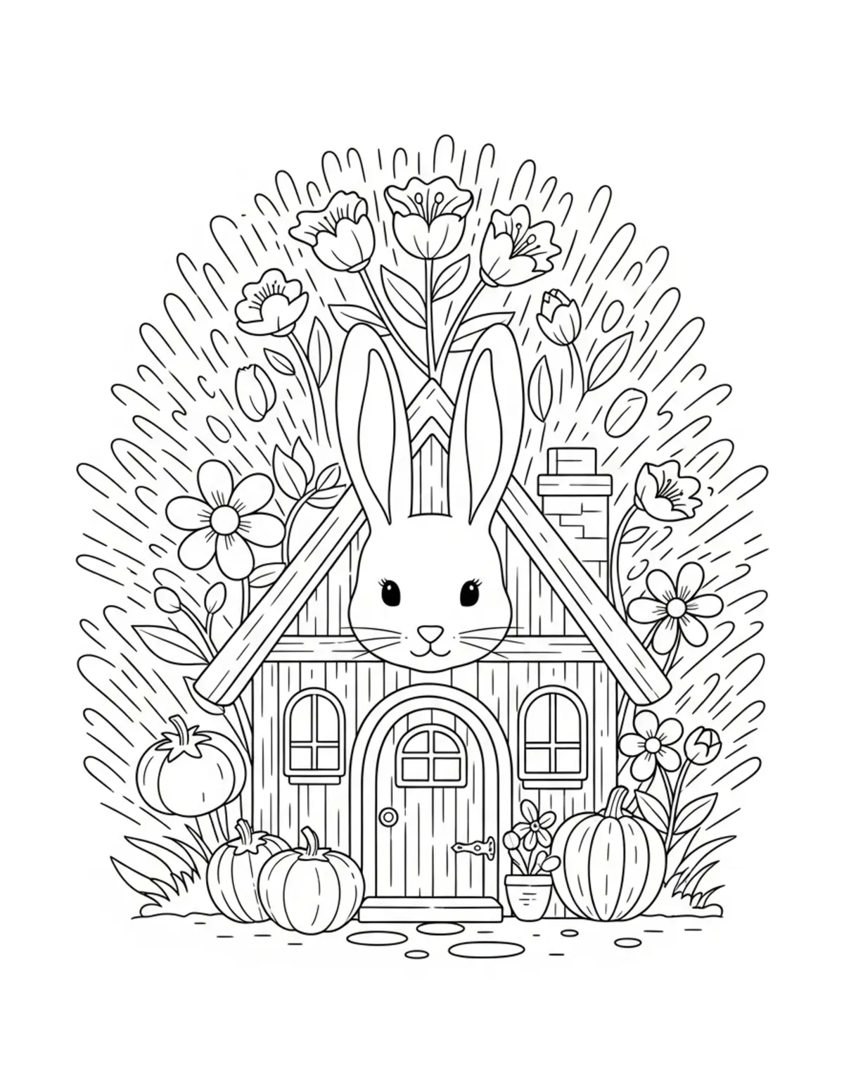 Free printable coloring page: bunny garden cotta coloring page. Cute and cozy design for kids and adults to download and print.
