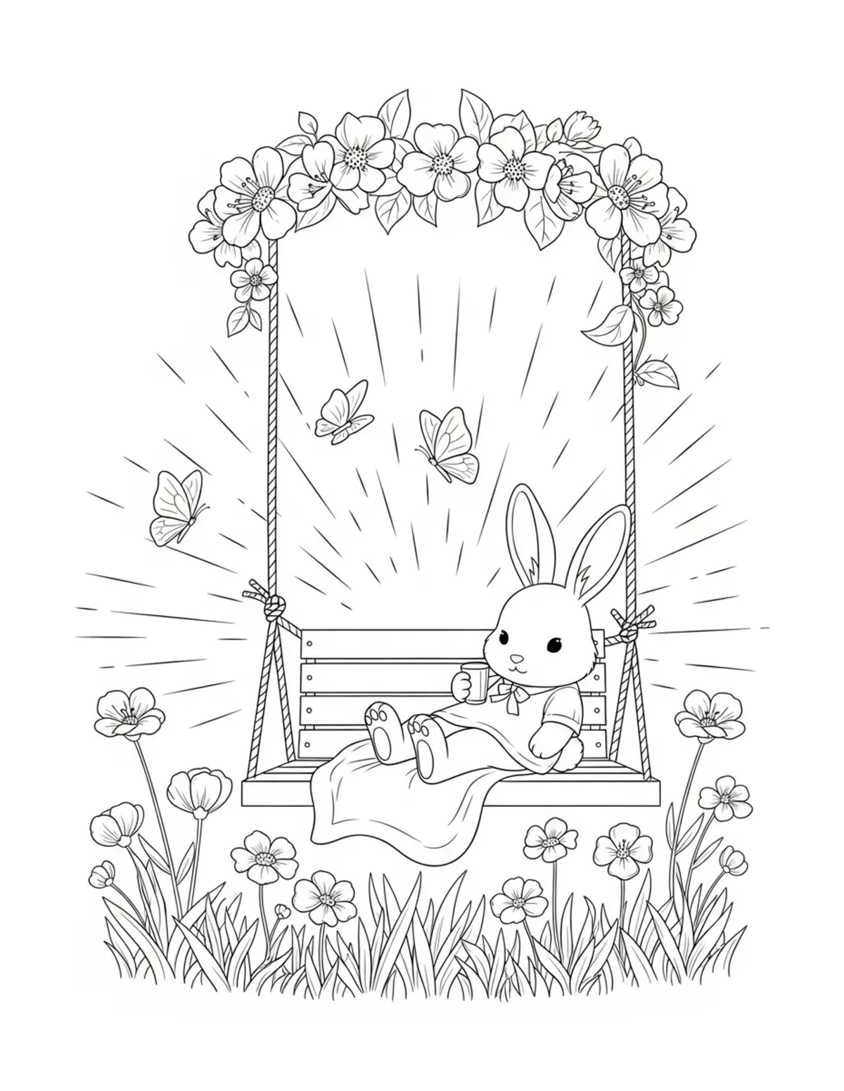 Free printable coloring page: cute bunny relaxing on garden coloring page. Cute and cozy animal design for kids and adults to download and print.