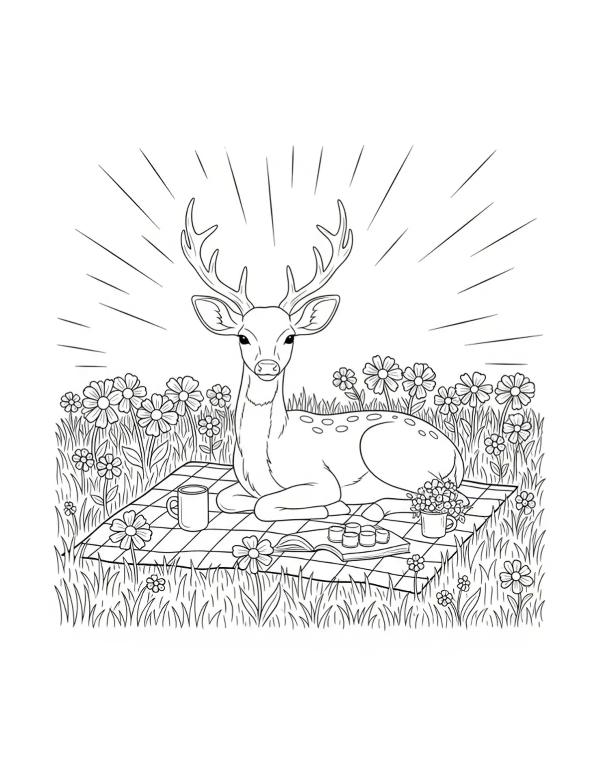Free printable coloring page: deer picnic in flower field coloring page. Cute and cozy deer cottage design for kids and adults to download and print.
