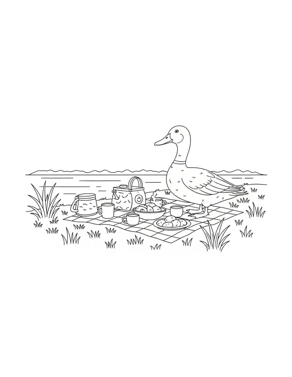 Duck Picnic Beside Lake Coloring Page - free printable JPG featuring adorable duck scenes