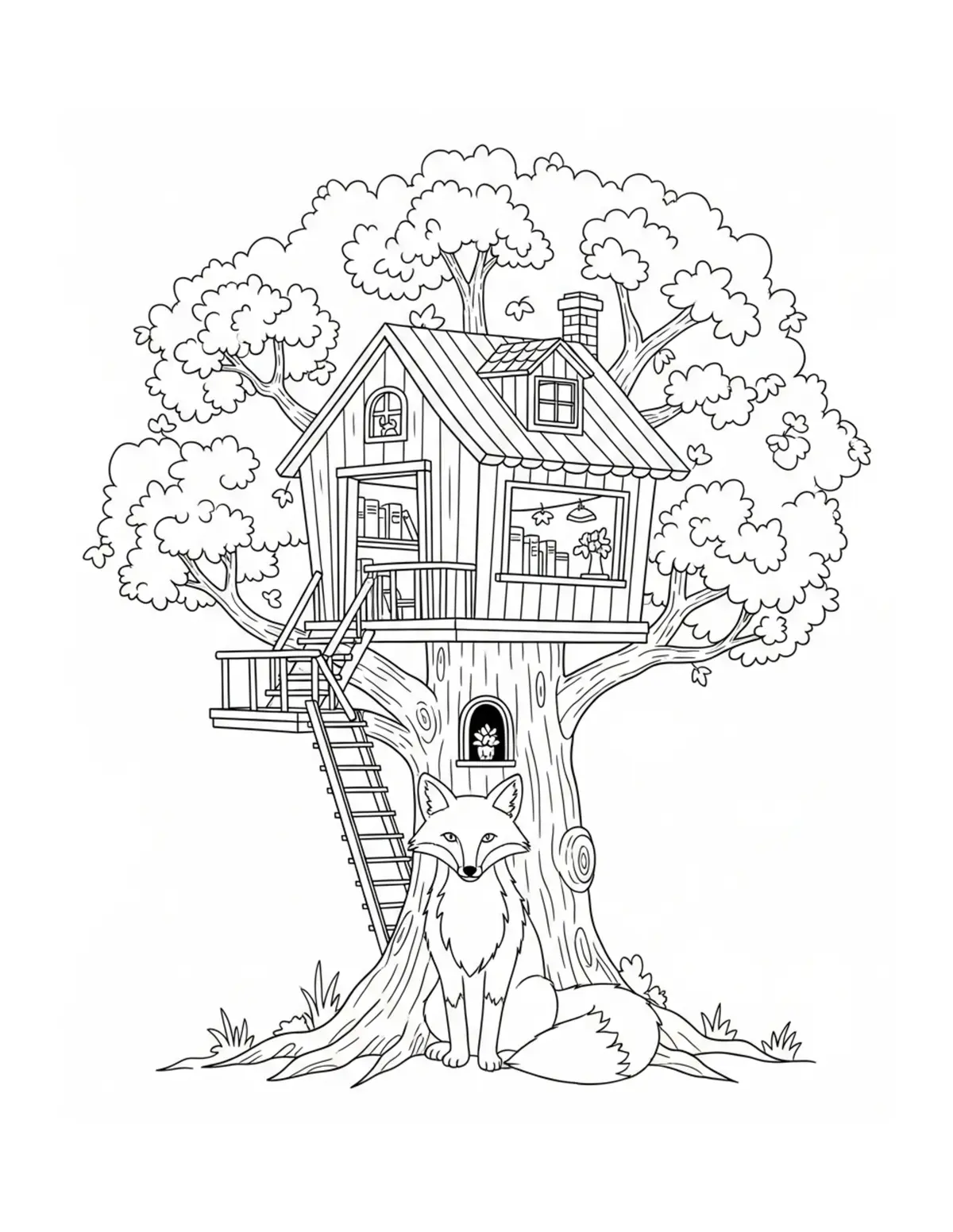 Free printable coloring page: fox treehouse library coloring page. Cute and cozy bookstore and reading design for kids and adults to download and print.