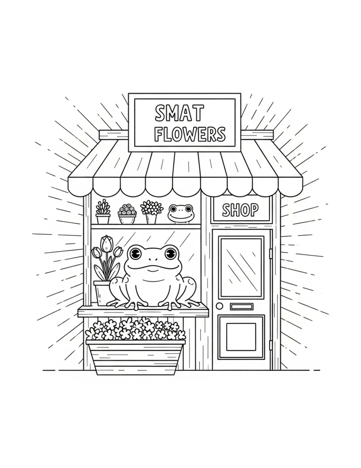 Free printable coloring page: frog flower shop coloring page. Cute and cozy design for kids and adults to download and print.