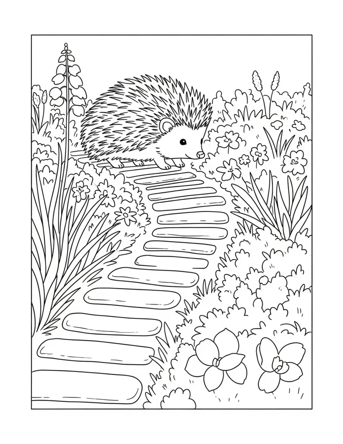 Free printable coloring page: hedgehog garden pathway coloring page. Cute and cozy hedgehog garden design for kids and adults to download and print.