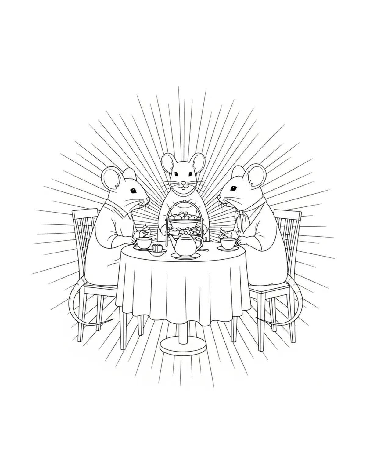 Free printable coloring page: mouse afternoon tea gathering coloring page. Cute and cozy mouse tea party design for kids and adults to download and print.
