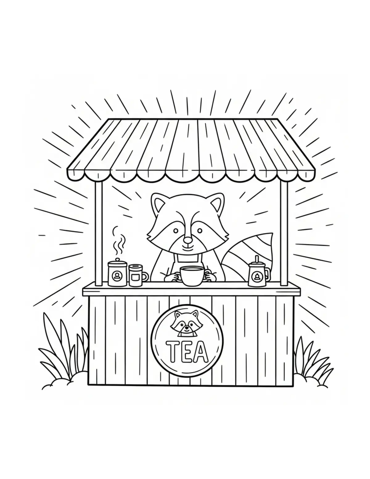 Raccoon Tea Stand coloring page - free printable JPG featuring adorable raccoons at a market