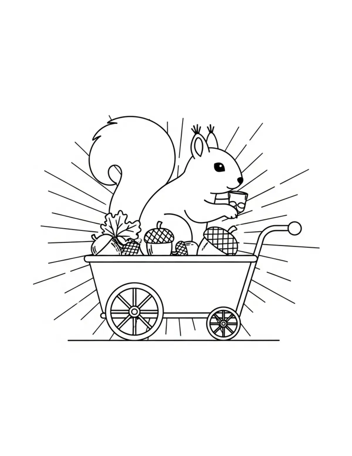 Squirrel Acorn Delivery Cart coloring page - free printable JPG featuring adorable squirrels in a woodland scene