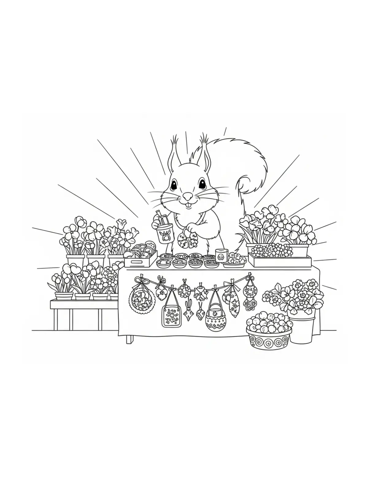 Adorable Squirrel Selling Hand Coloring Page - free printable JPG featuring adorable tiny animal village scene