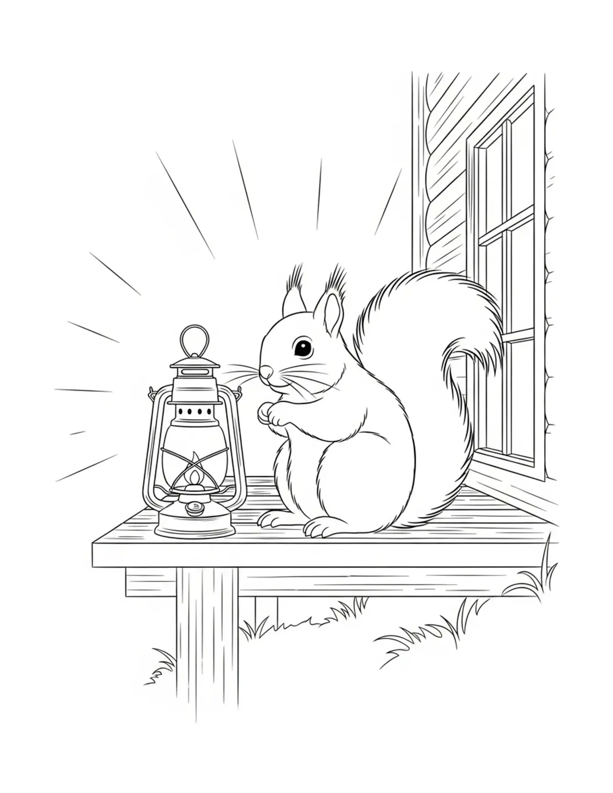 Adorable Squirrel Sitting Besi Coloring Page - free printable JPG featuring adorable tiny animal village scene