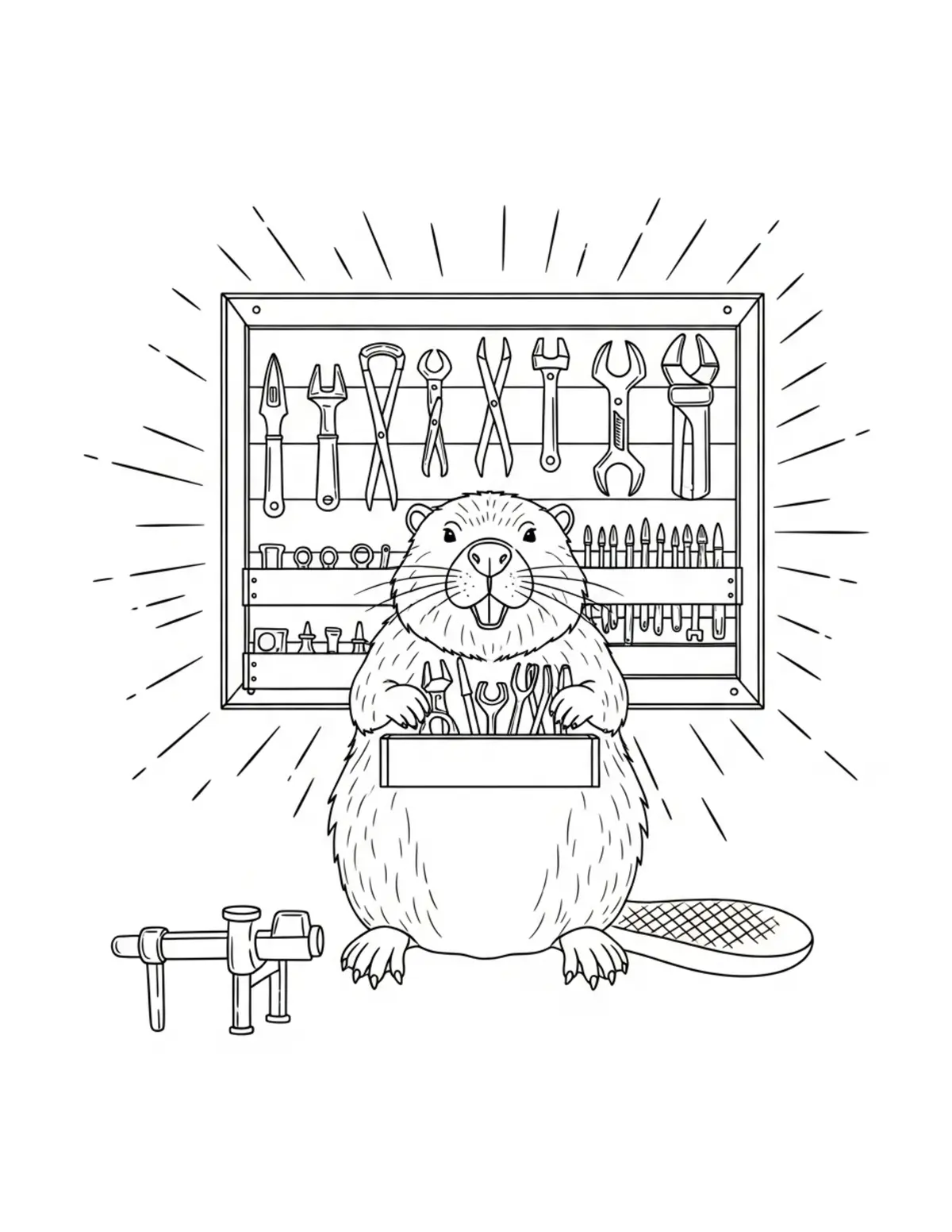 Beaver Organizing Tools on a Workshop Wall Coloring Page - free printable JPG featuring adorable woodland beaver