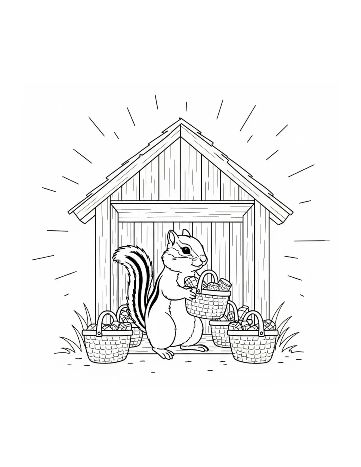 Chipmunk Packing Picnic Basket Coloring Page - free printable JPG featuring adorable woodland animals
