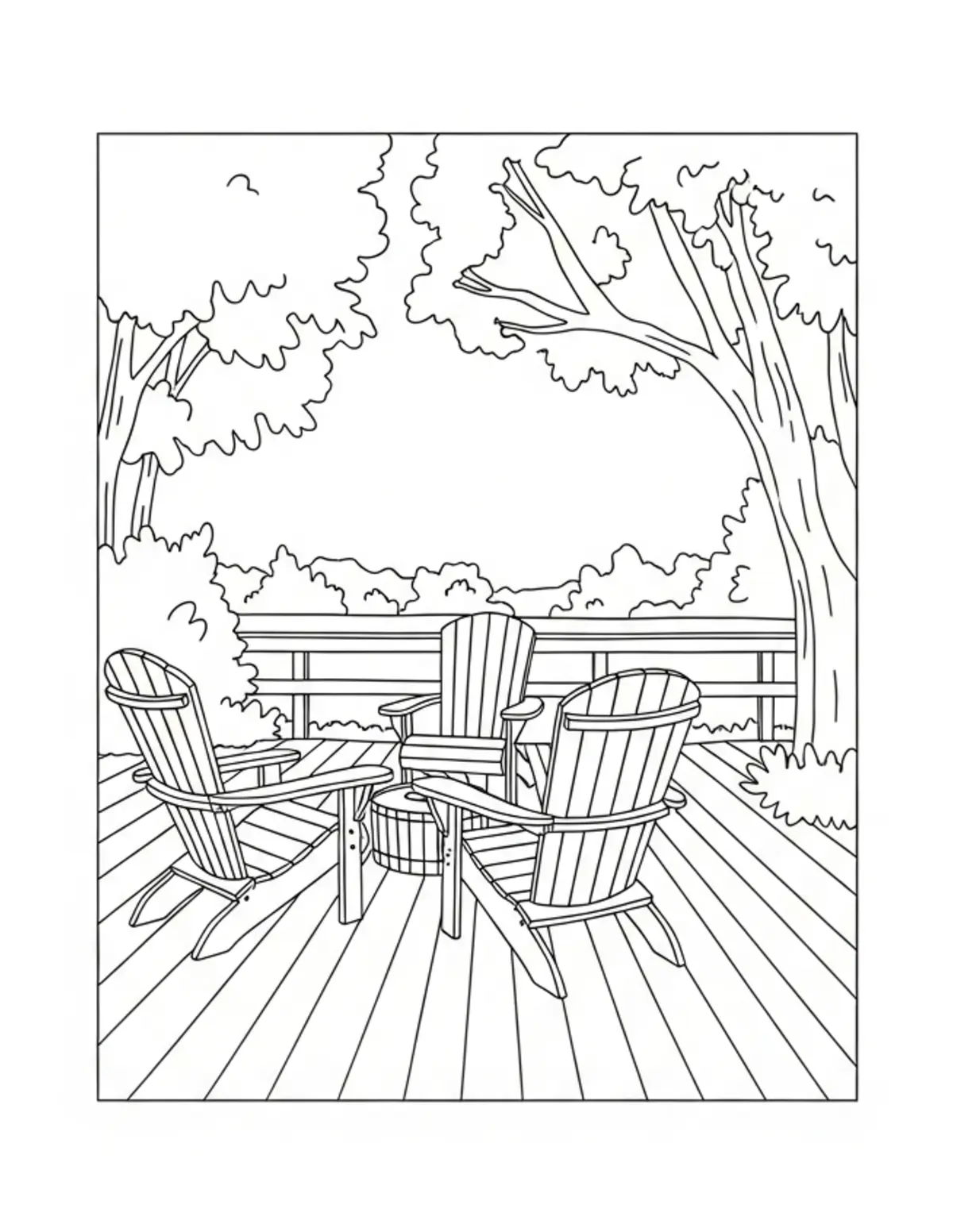 Free printable coloring page: cozy backyard sunset gathering coloring page. Cute and cozy summer design for kids and adults to download and print.