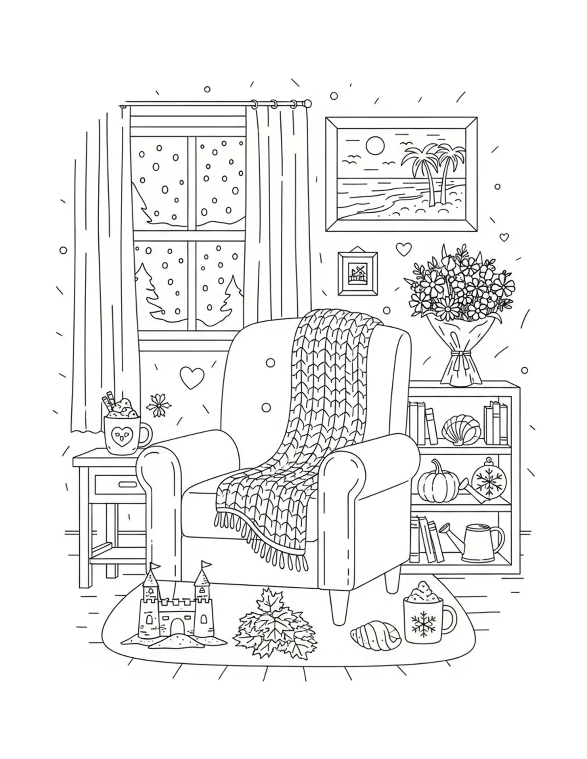 Free printable coloring page: cozy seasonal memory room coloring page. Cute and cozy design for kids and adults to download and print.