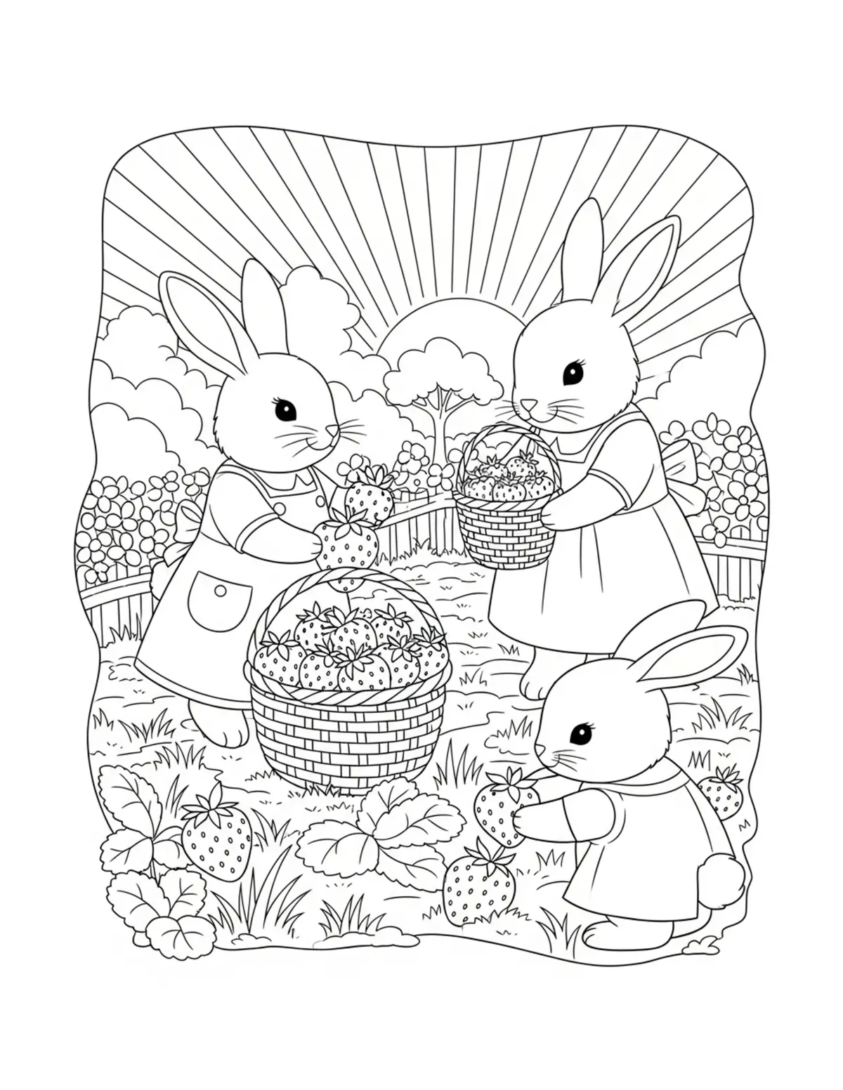 Cute Bunny Strawberry Farm Col — free printable cozy coloring coloring page for kids and adults