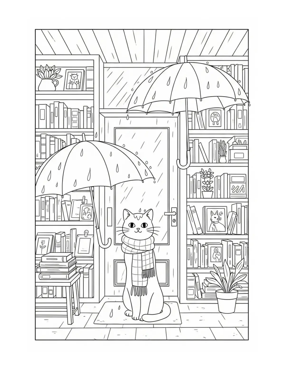 Free printable coloring page: cute cat rainy bookstore umbr coloring page. Cute design for kids and adults.