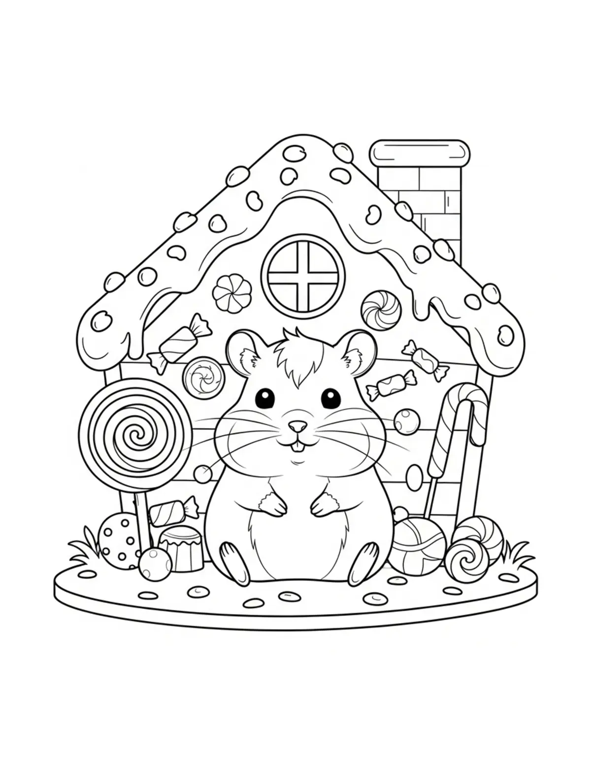 Cute Hamster Candy House Color — free printable cozy coloring coloring page for kids and adults