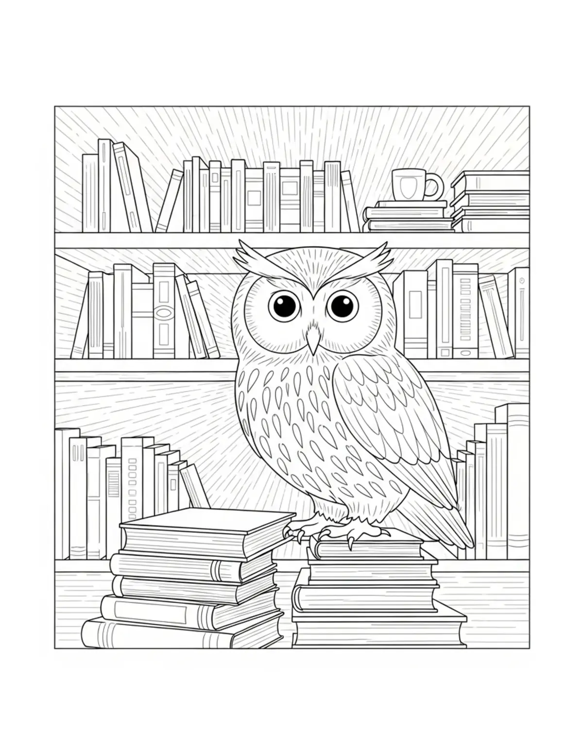 Owl Browsing Books In A Cozy L Coloring Page - free printable JPG featuring adorable owl reading scenes