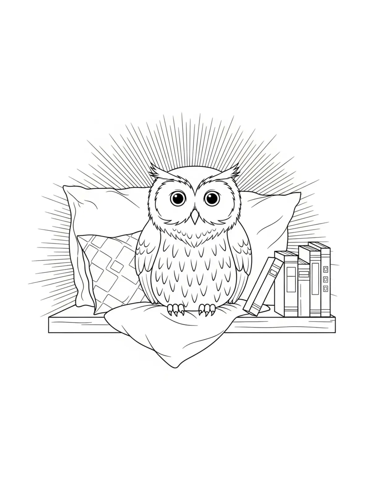Owl Sitting In A Cozy Reading Coloring Page - free printable JPG featuring adorable owl
