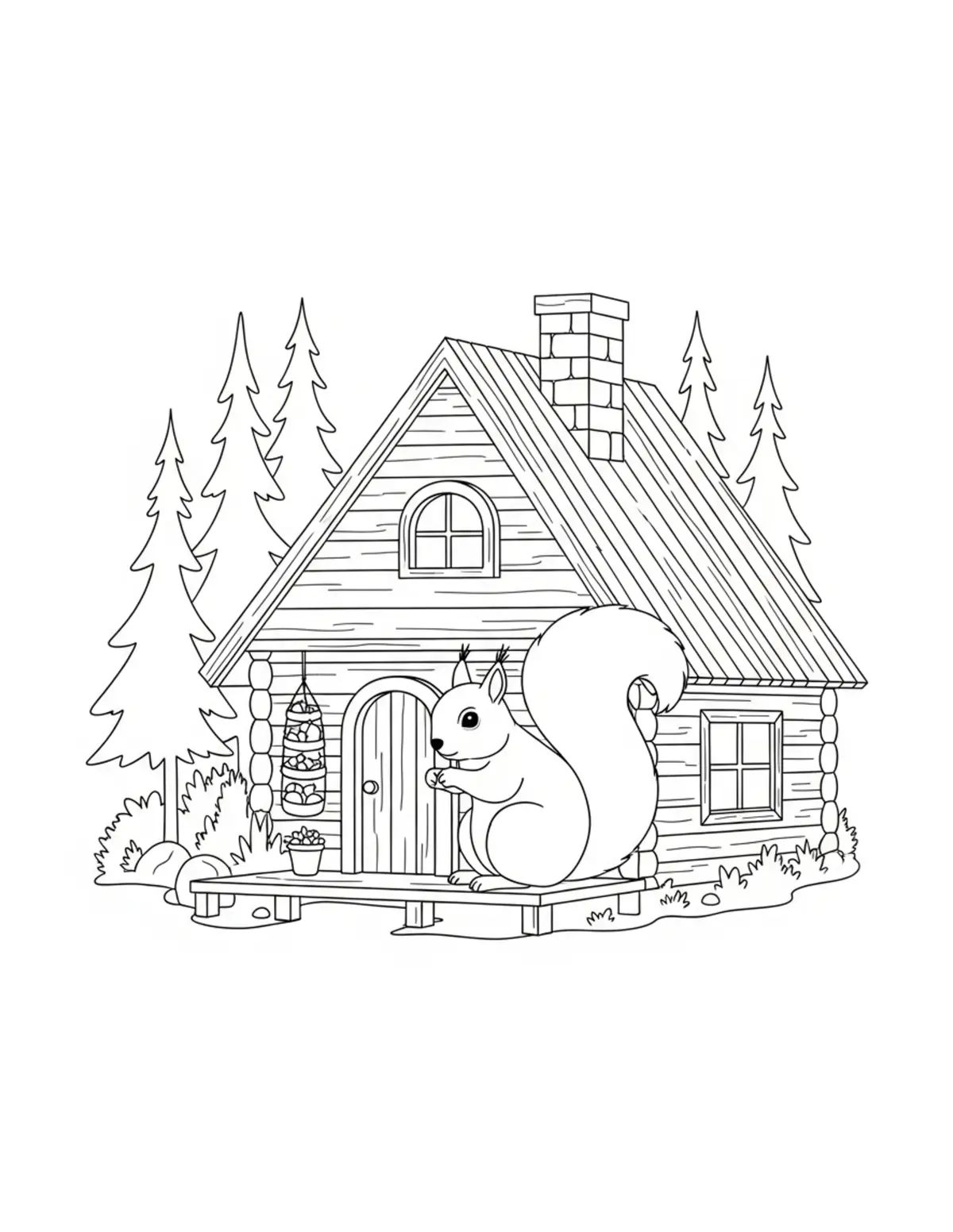 Free printable coloring page: squirrel forest cabin coloring page. Cute and cozy design for kids and adults to download and print.