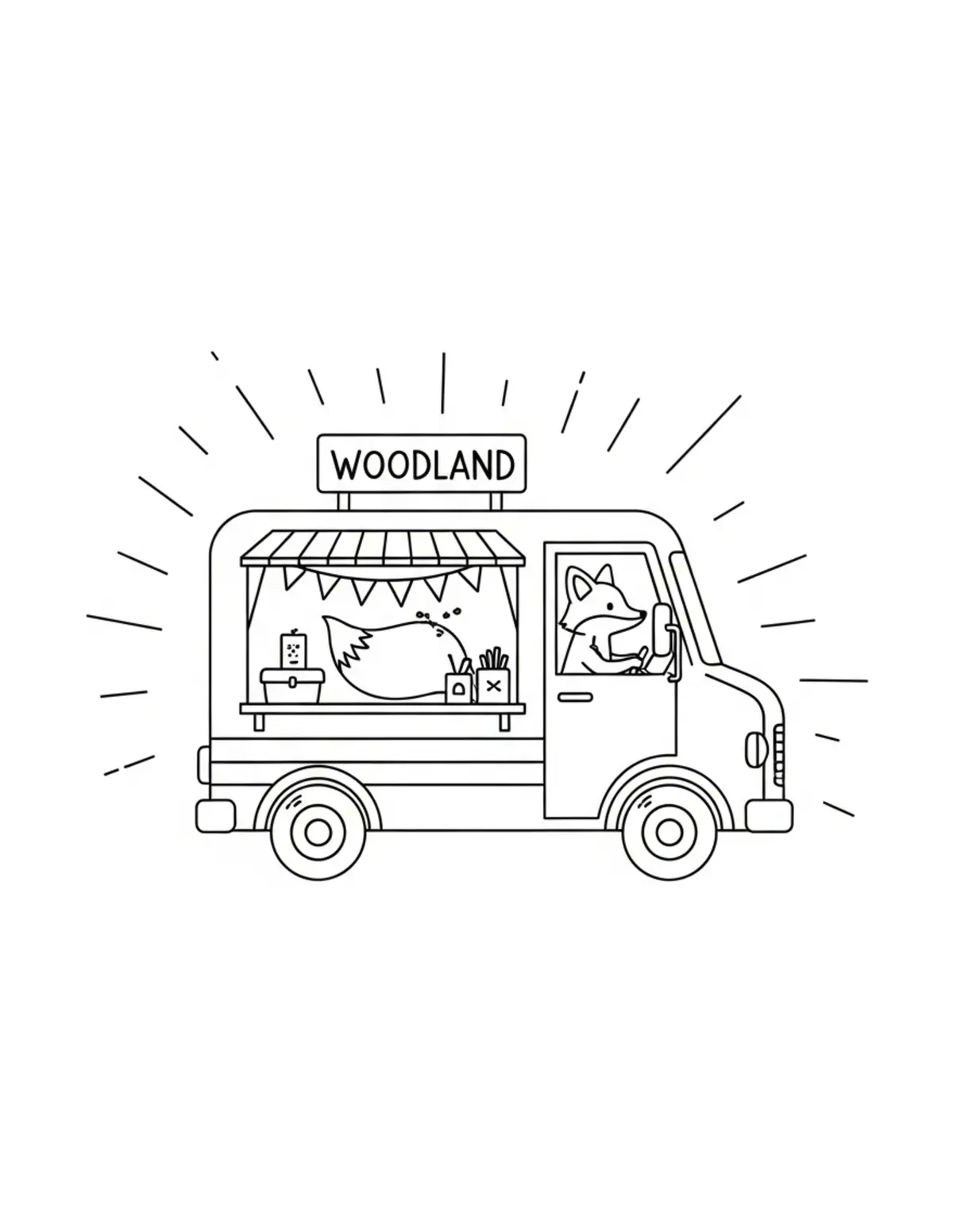Free printable coloring page: tiny-fox-driving-a-woodland-fo coloring page. Cute and cozy design for kids and adults to download and print.