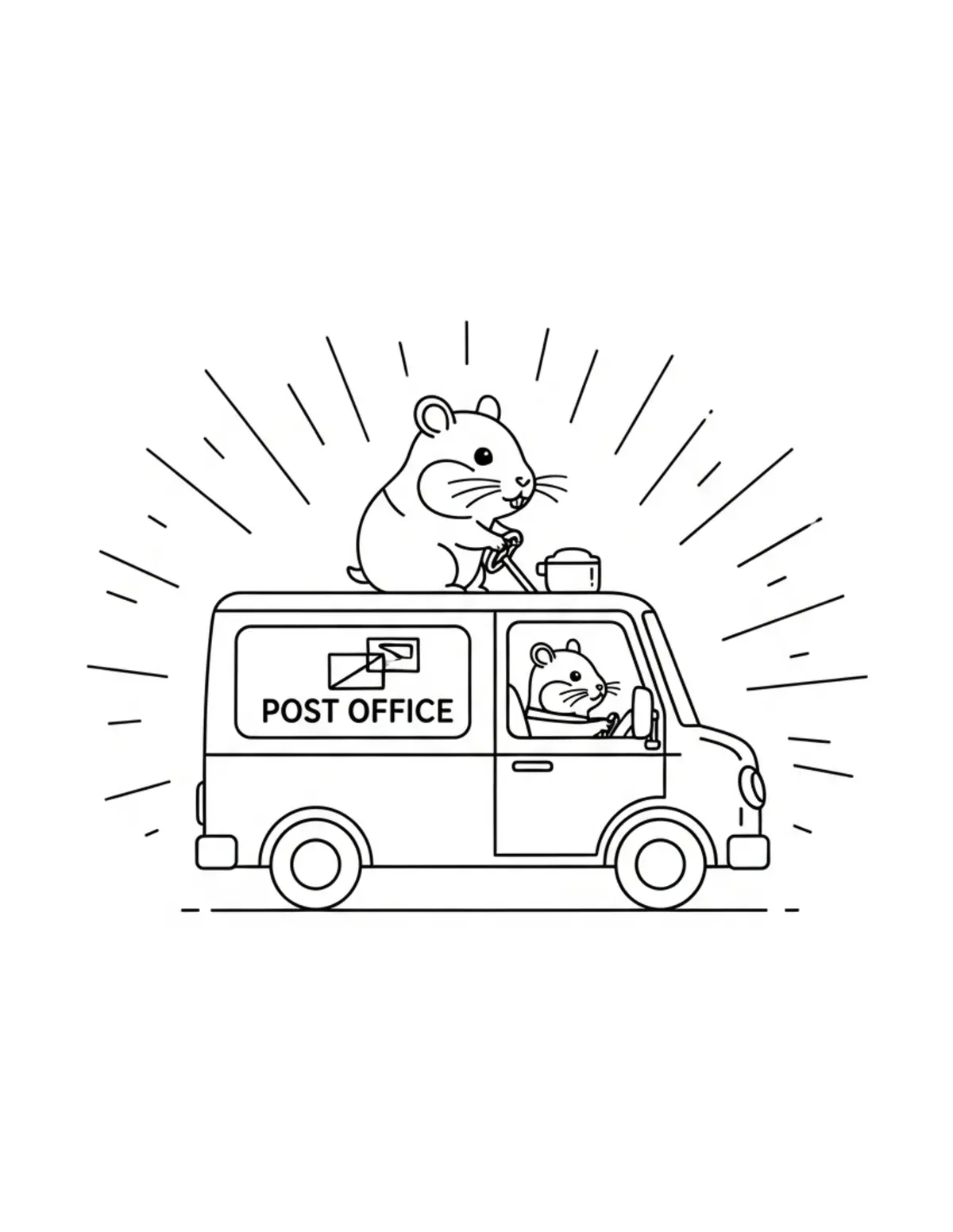 Free printable coloring page: tiny-hamster-driving-a-tiny-po coloring page. Cute and cozy design for kids and adults to download and print.