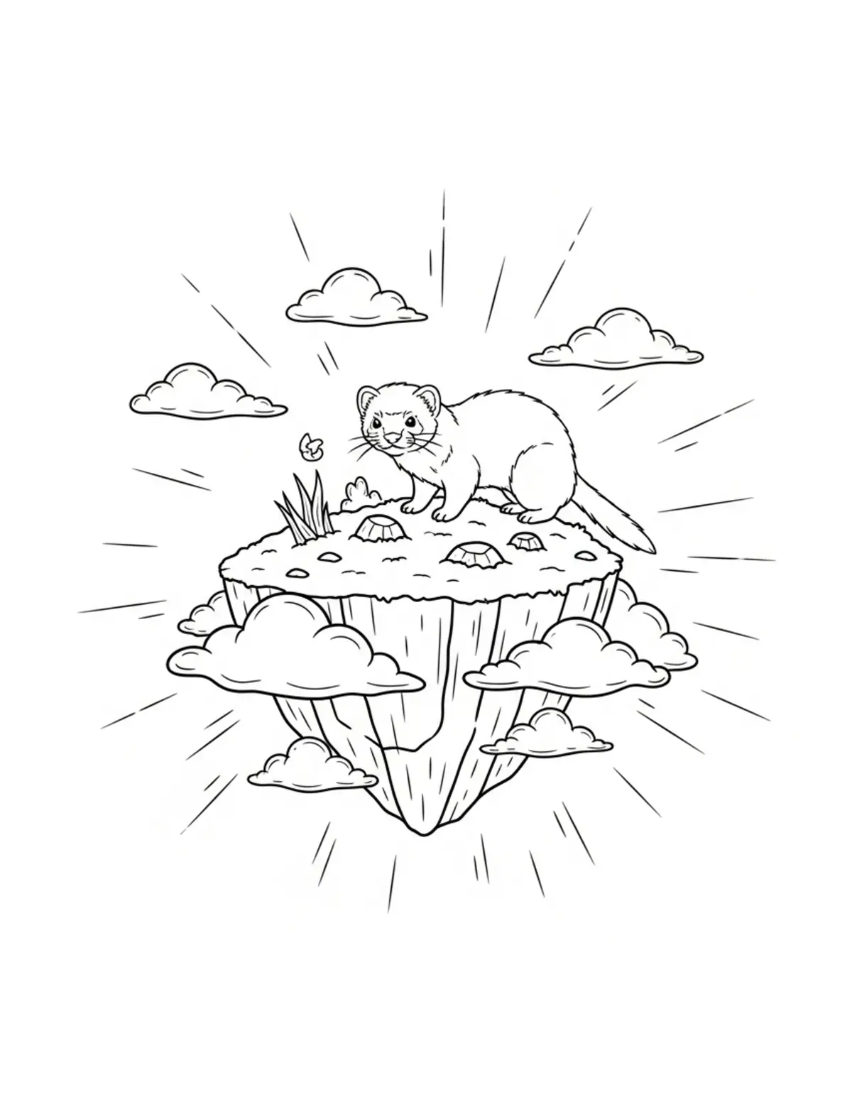 Free printable coloring page: tiny ferret discovering a floa coloring page. Cute and cozy tiny animal design for kids and adults to download and print.