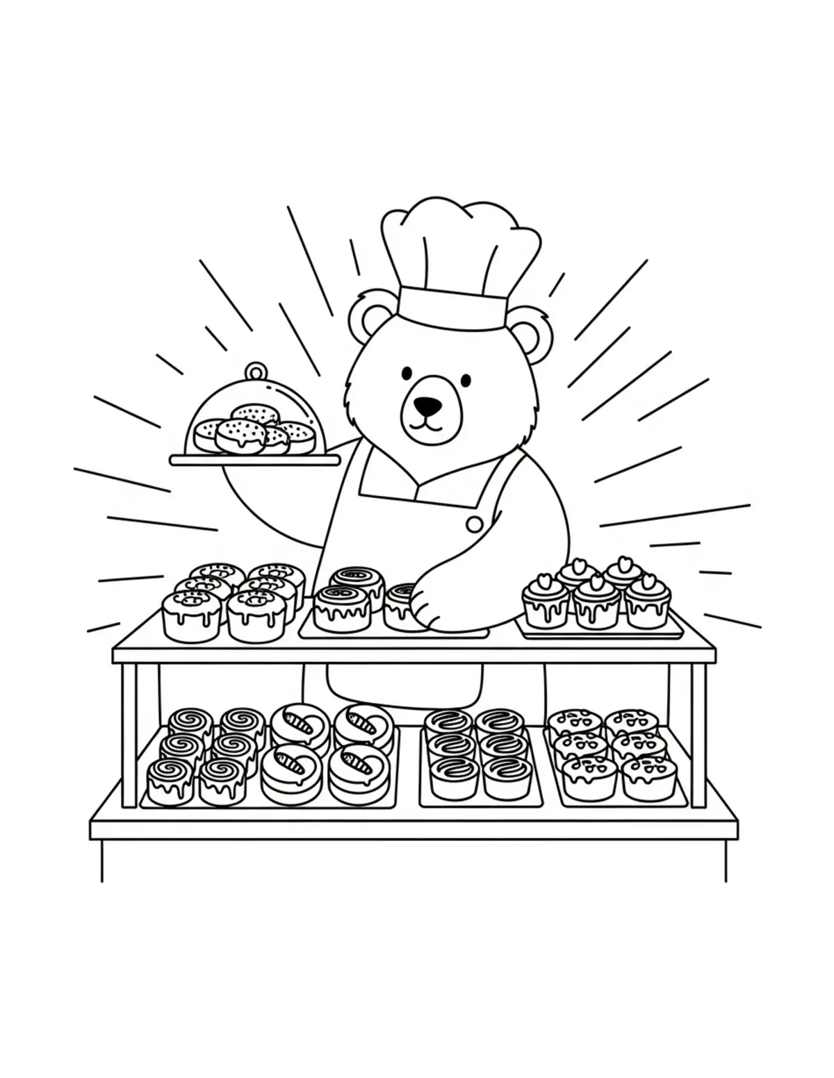 Free printable coloring page: bear-arranging-bakery-display coloring page. Cute and cozy design for kids and adults to download and print.