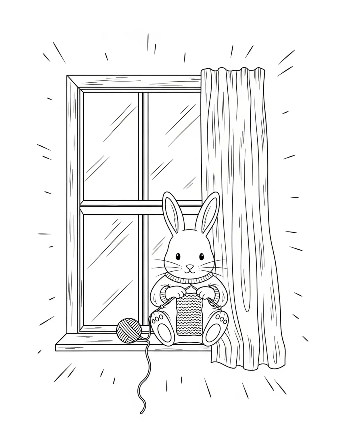 Free printable coloring page: bunny knitting beside window coloring page. Cute and cozy design for kids and adults to download and print.