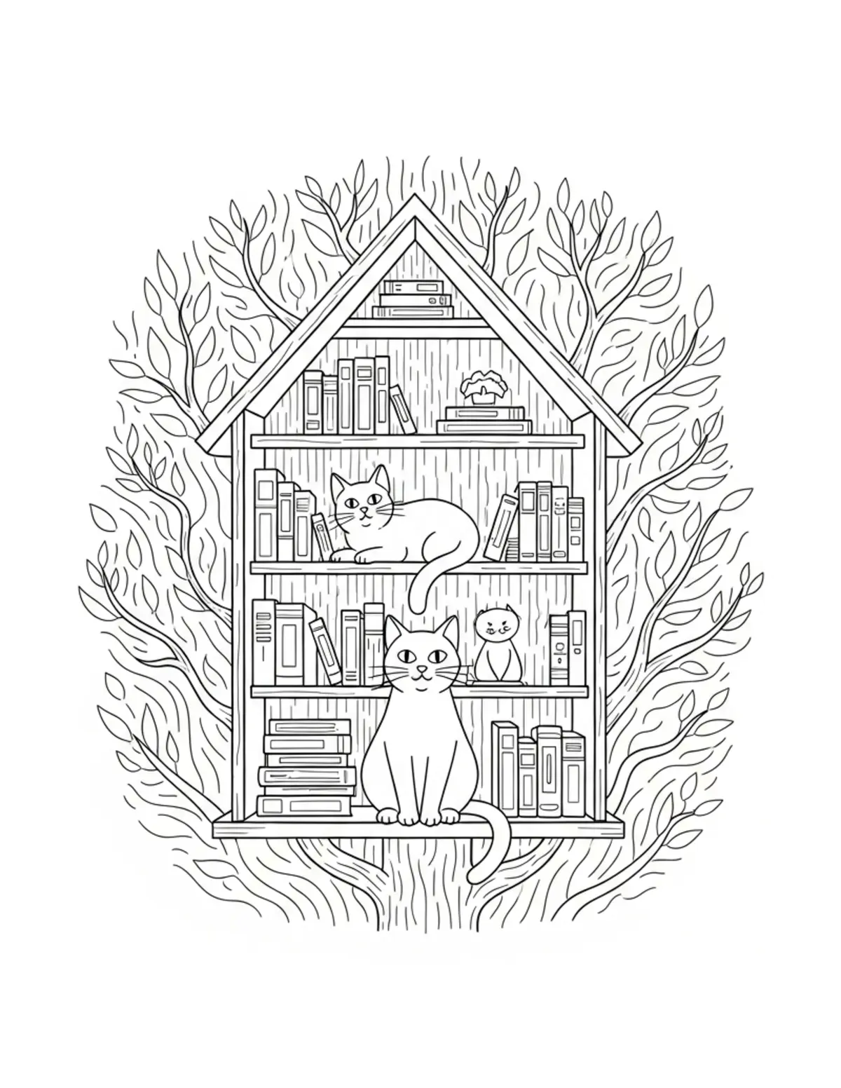 Cat Library Inside Treehouse — free printable cozy coloring coloring page for kids and adults
